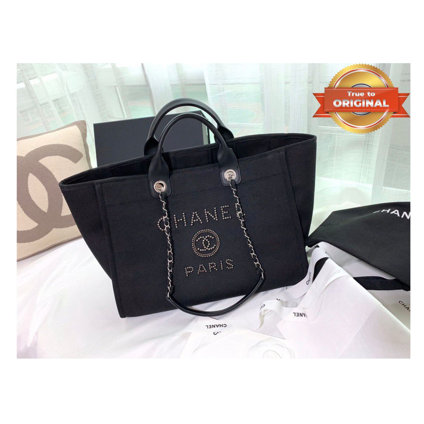 [True-to-ORIGINAL] Chanel Large Deauville Pearl Tote Bag Black For Women 15in/38cm